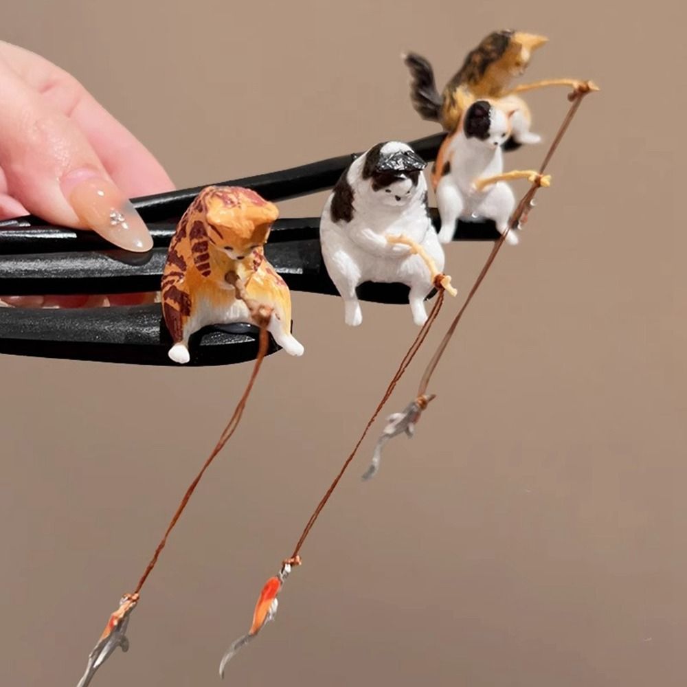 Hanbok Hair Pin - Cute Cat Fishing Wooden Hair Stick